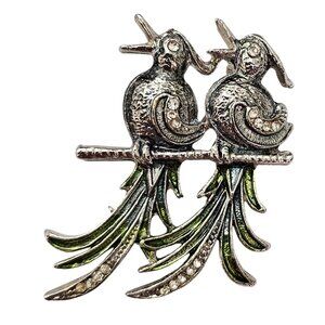 Czech Bird Pair Brooch Blue Green Clear Rhinestone Pin Signed, C648